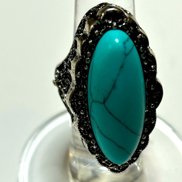 Ring Antique Silver Boho Blue inlaid stone Woman jewelery Artificial Turquoise - Picture 1 of 8